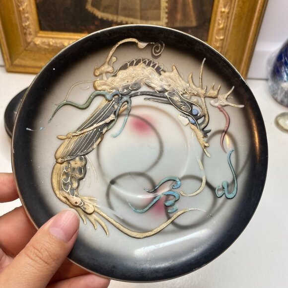 Vintage 5 Saucers Moriage Dragon Ware Marked Lucky Porcelain Japan Black 5.5” - Picture 5 of 9